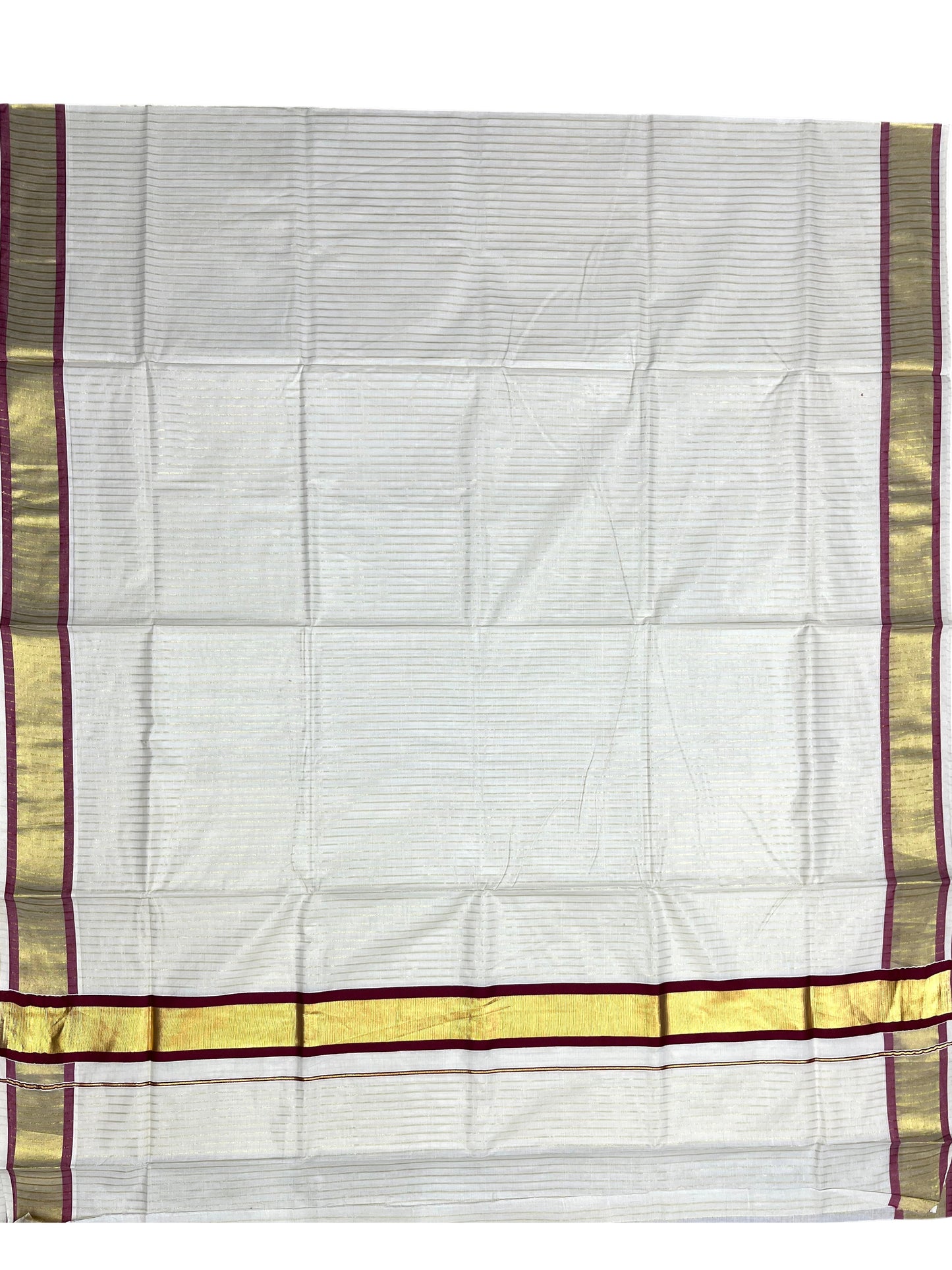 Southloom Pure Cotton Kerala Saree with Gold Kasavu Lines Across Body and Maroon Border