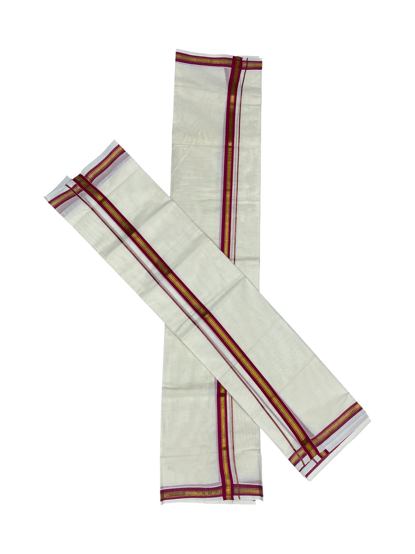 Pure Cotton Kerala Single Set Mundu (Mundum Neriyathum) with Magenta Kasavu Border in 2.80 Mtrs