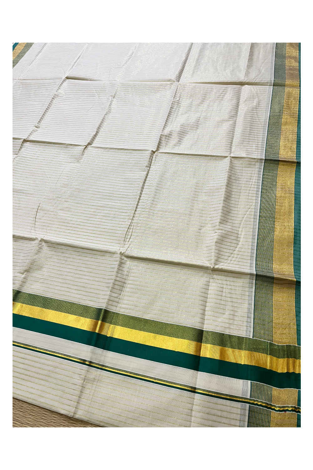 Pure Cotton Kerala Kasavu Lines Design Saree with Green Border