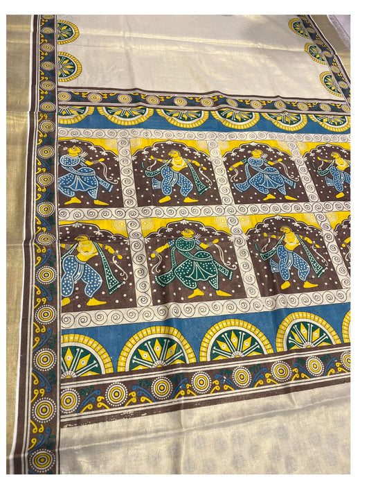 Southloom Kerala Tissue Kasavu Saree with Brown and Blue Hand Printed