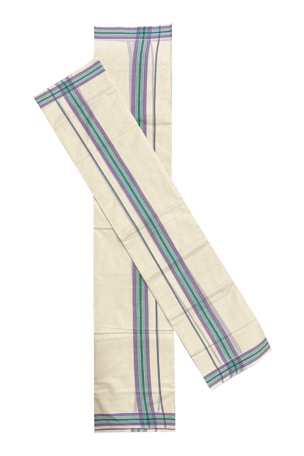 Kerala Mulloth Soft Cotton Mundum Neriyathum Single with Violet and Green Border (Onam Set Mundu 2023)