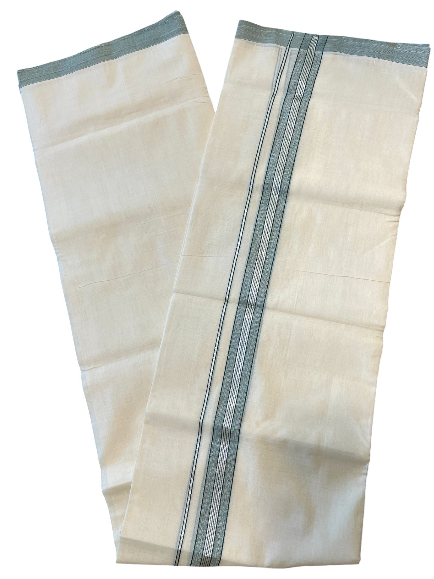 Southloom Premium Handloom Cotton Double Mundu with Silver and Green Border