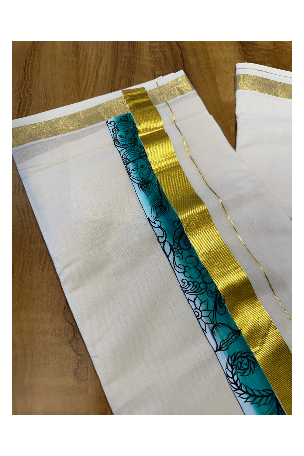 Kerala Pure Cotton Double Mundu with Mural Painted Design on Kasavu Border (South Indian Kerala Dhoti)