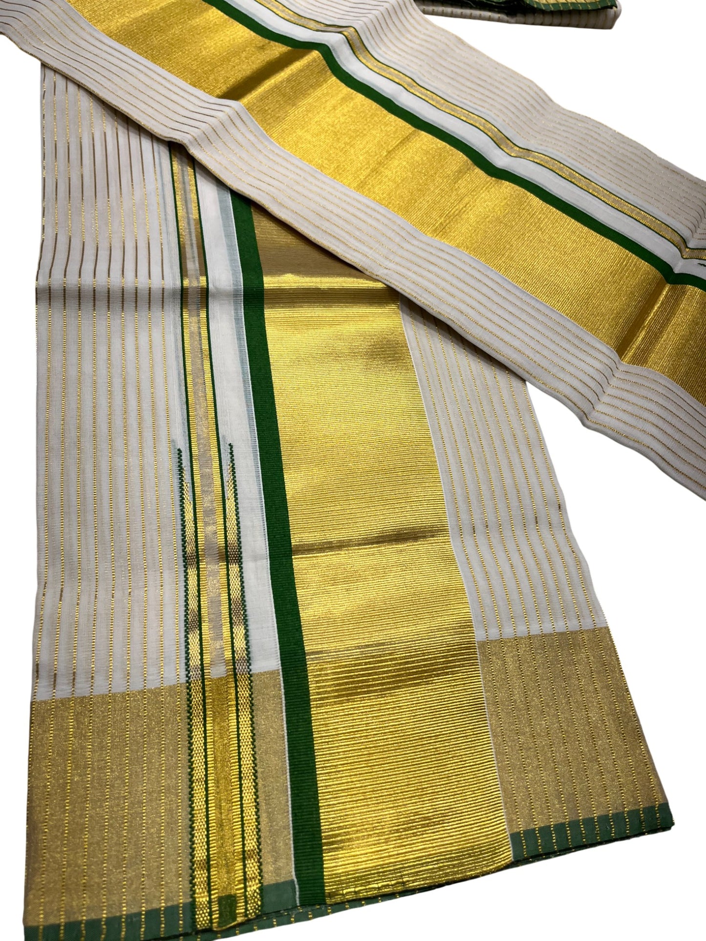 Southloom Premium Handloom Cotton Set Mundu with Kasavu and Green Border (2.80 Mtr)