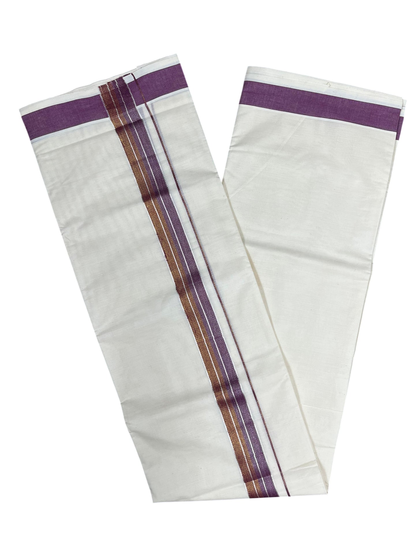 Southloom Pure Cotton Mundu with Silver Lines and Maroon&Purple Border (South Indian Kerala Dhoti)