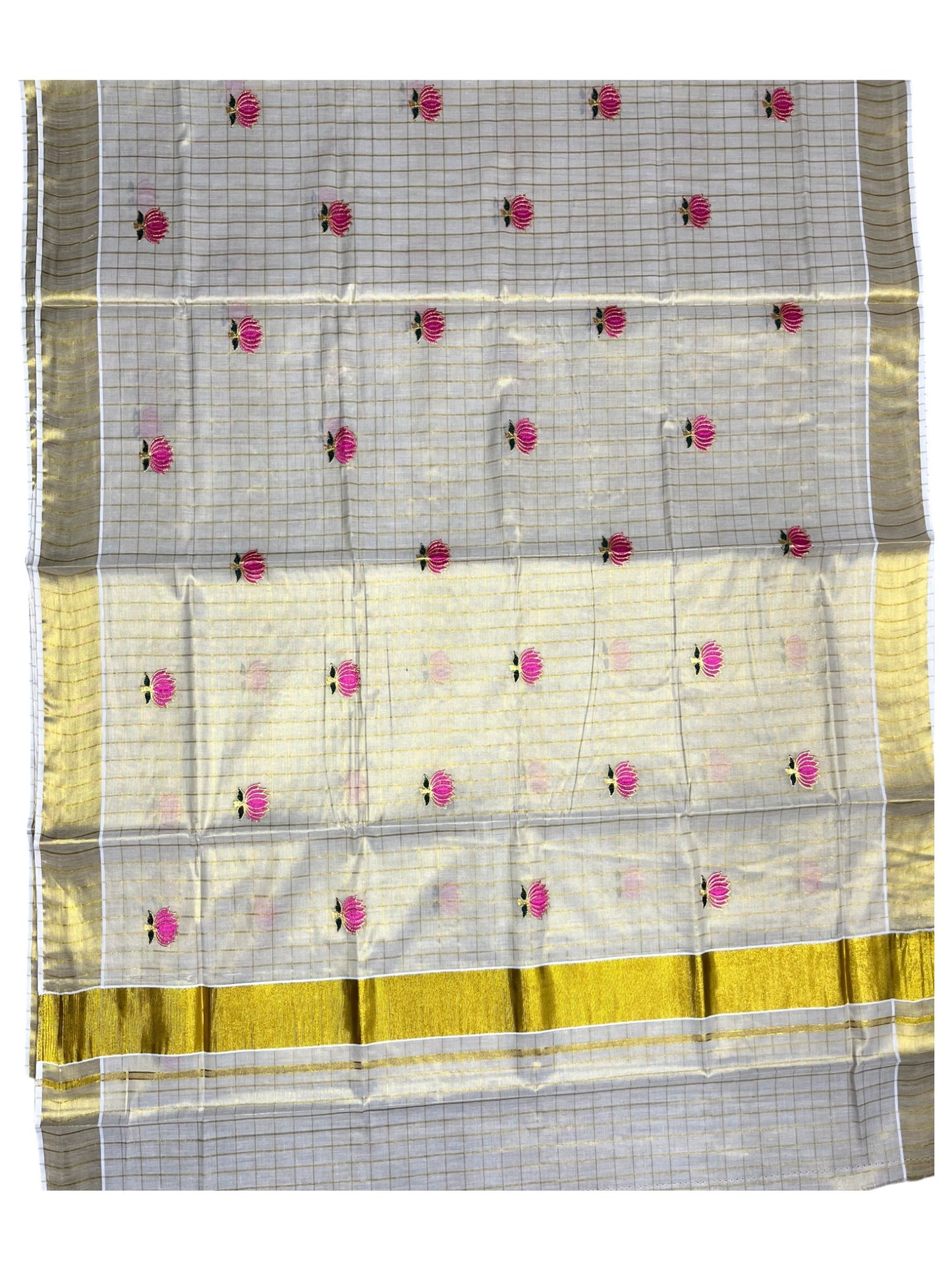 Southloom Kerala Tissue Kasavu Check Saree with Pink And Green Lotus Embroidary Works on Body