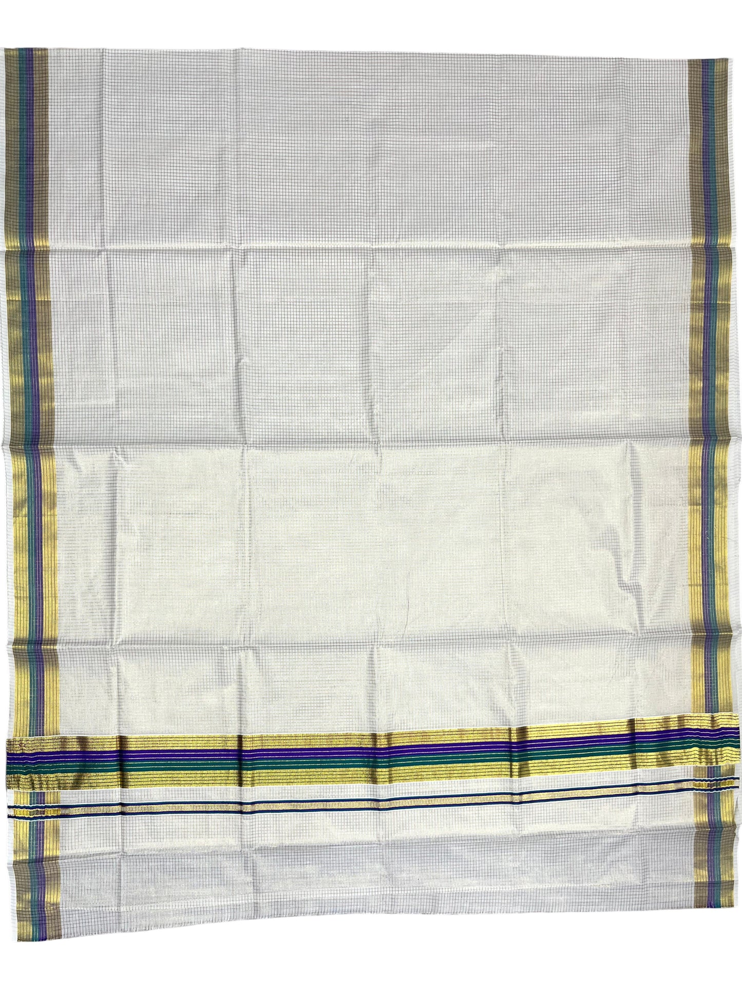 Southloom Kerala Cotton Kasavu Saree with Micro Check Design on Body in Violet & Green Border