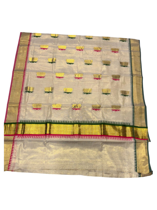 Southloom Kerala Tissue Kasavu Saree with Lotus Woven Work in Green And pink