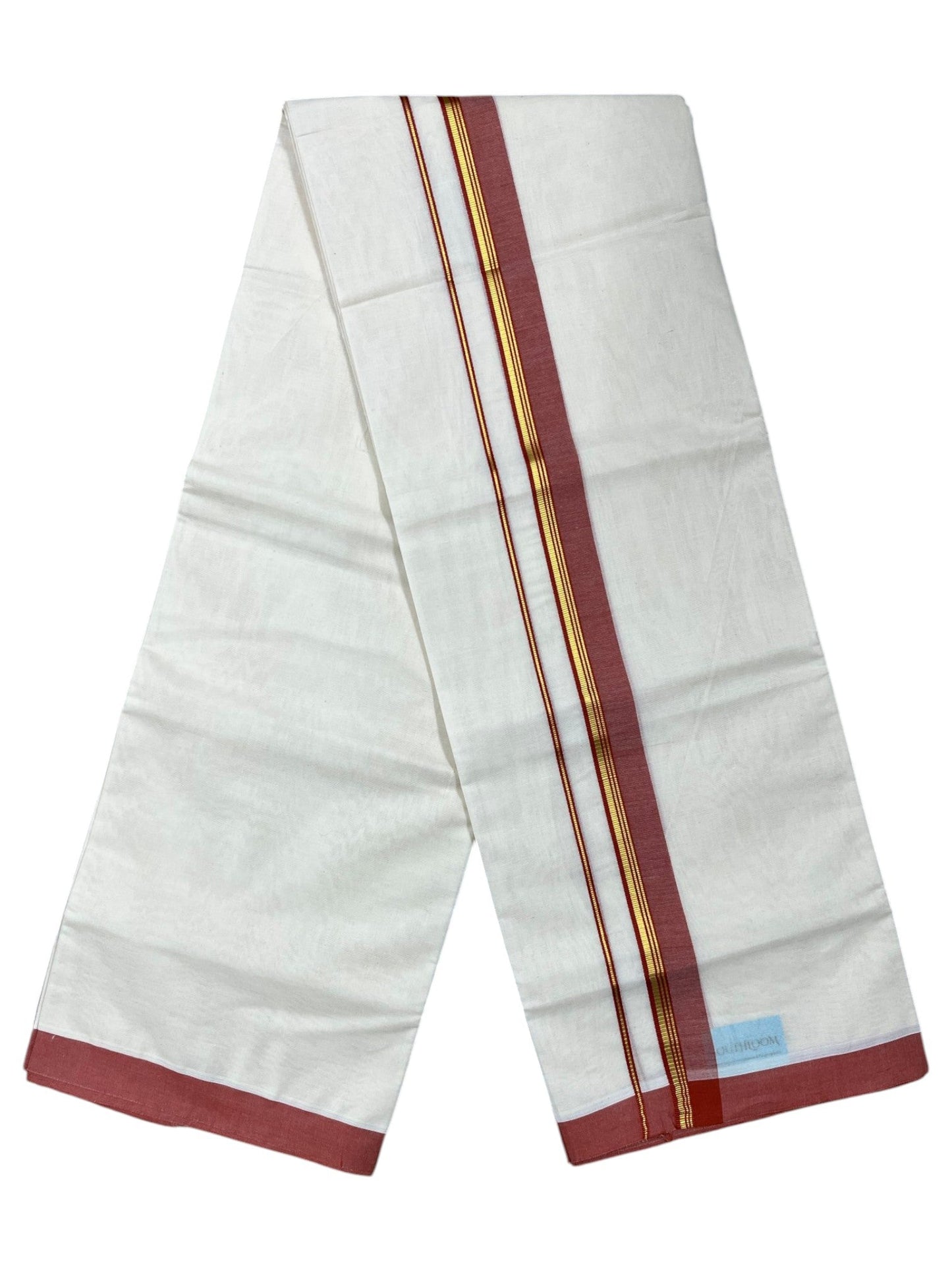Southloom Pure Cotton Mundu with Gold Lines and Brike Red Border (South Indian Kerala Dhoti)