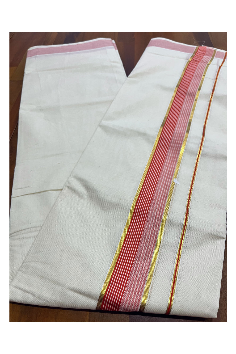 Kerala Pure Cotton Double Mundu with Orange Lines and Kasavu Border