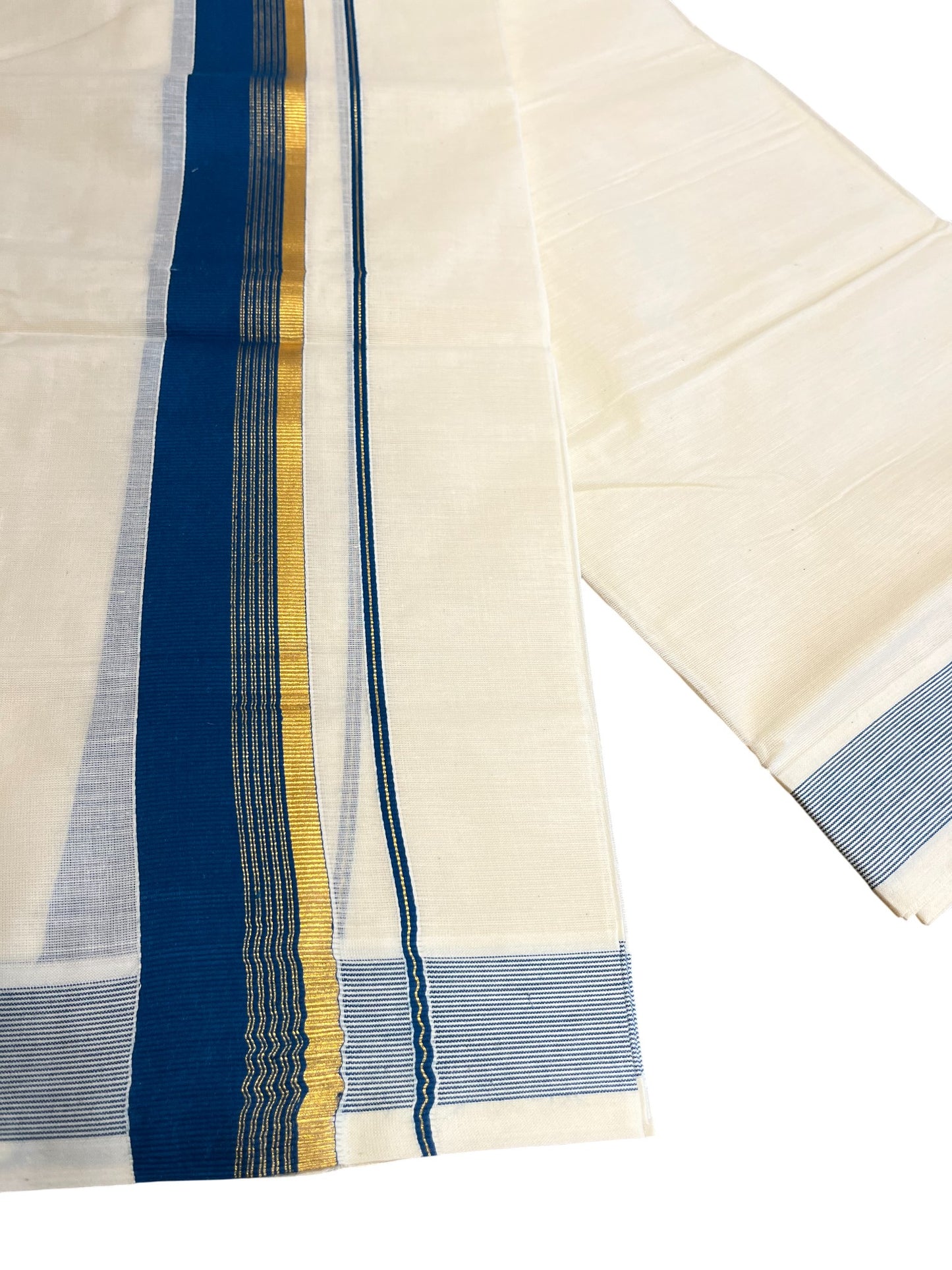 Southloom Kerala Pure Cotton Double Mundu with Gold Lines & Blue Border (South Indian Dhoti)
