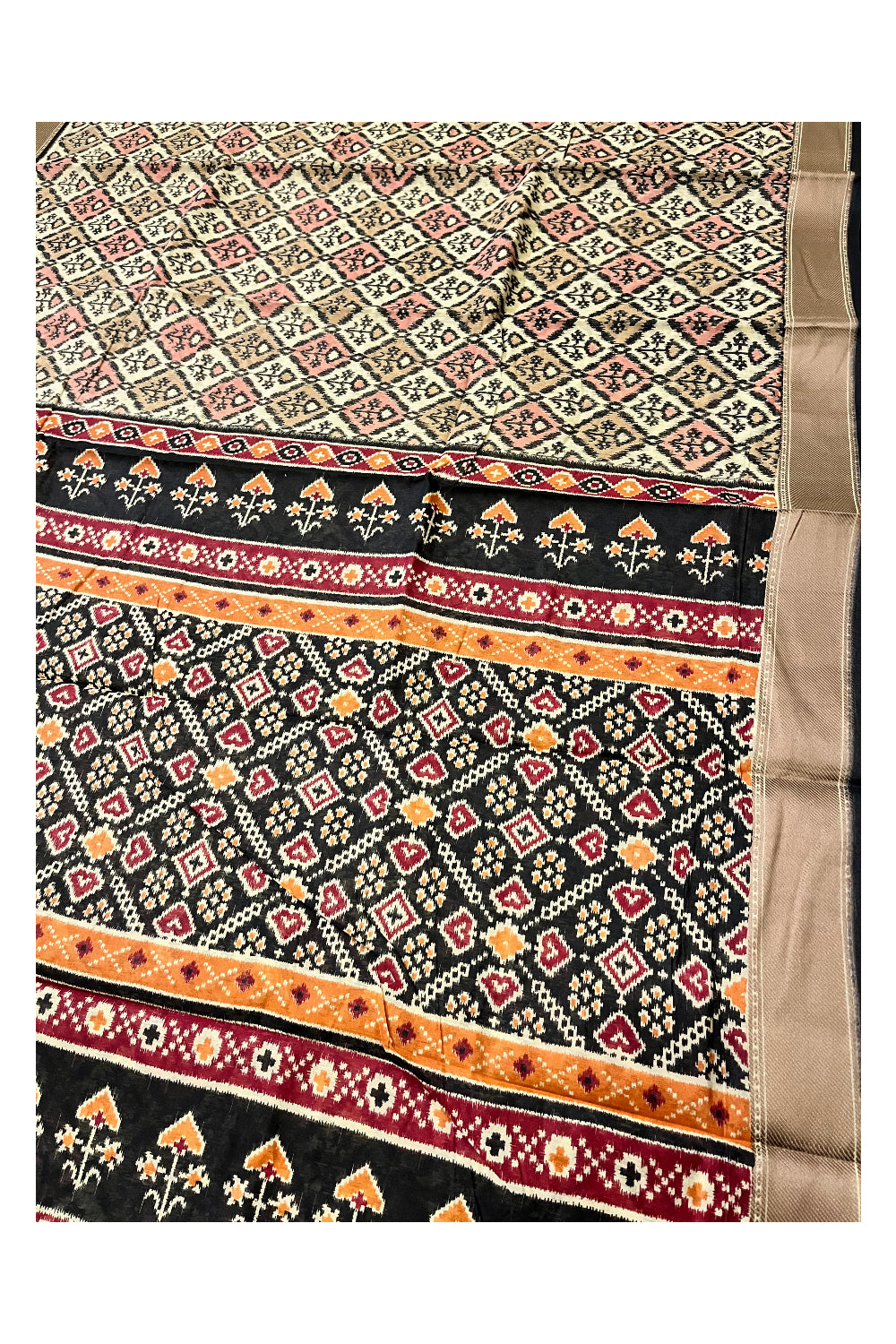 Southloom Black Beige Cotton Saree with Woven Patterns on Body