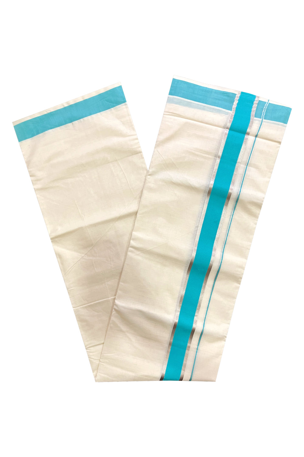 Pure Cotton Double Mundu with Turquoise and Silver Kasavu Kara (South Indian Kerala Dhoti)