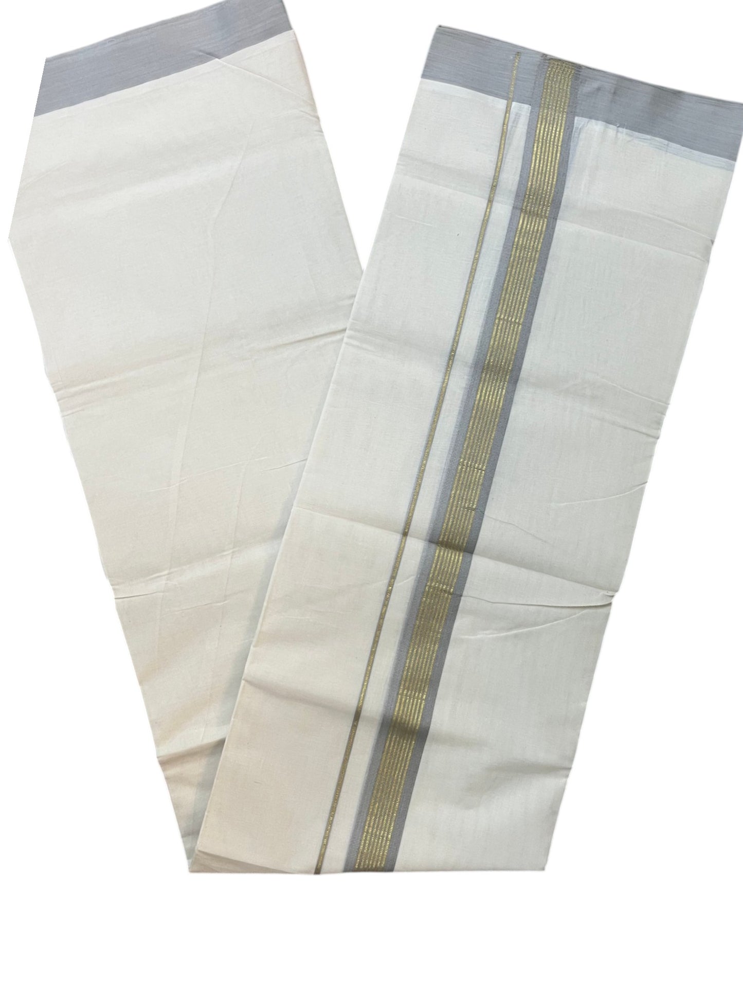Southloom Pure Cotton Mundu with Golden Lines and Grey Border (South Indian Kerala Dhoti)