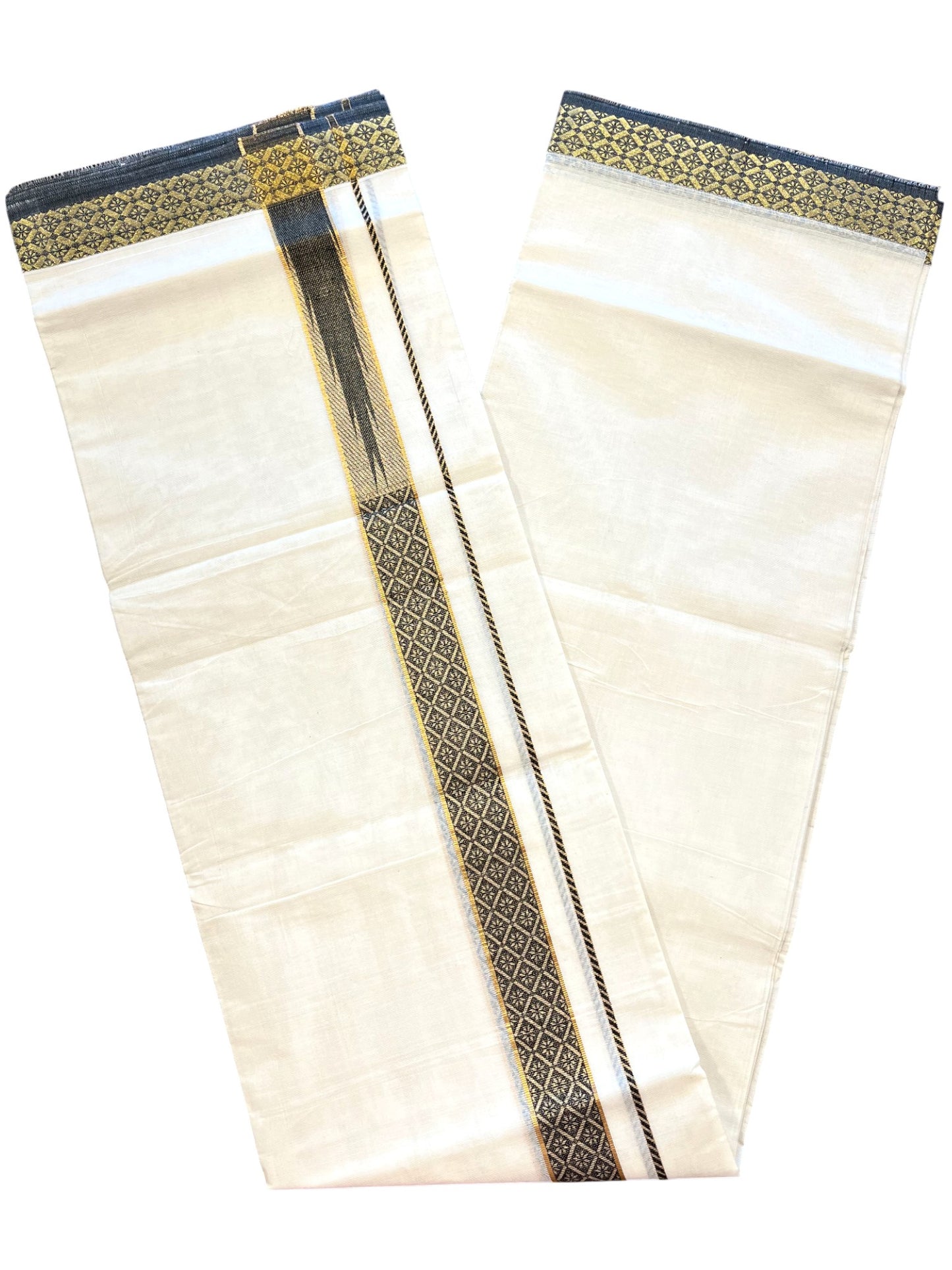 Southloom Kerala Pure Cotton Double Mundu with Kasavu Kara and Black Border (South Indian Dhoti)