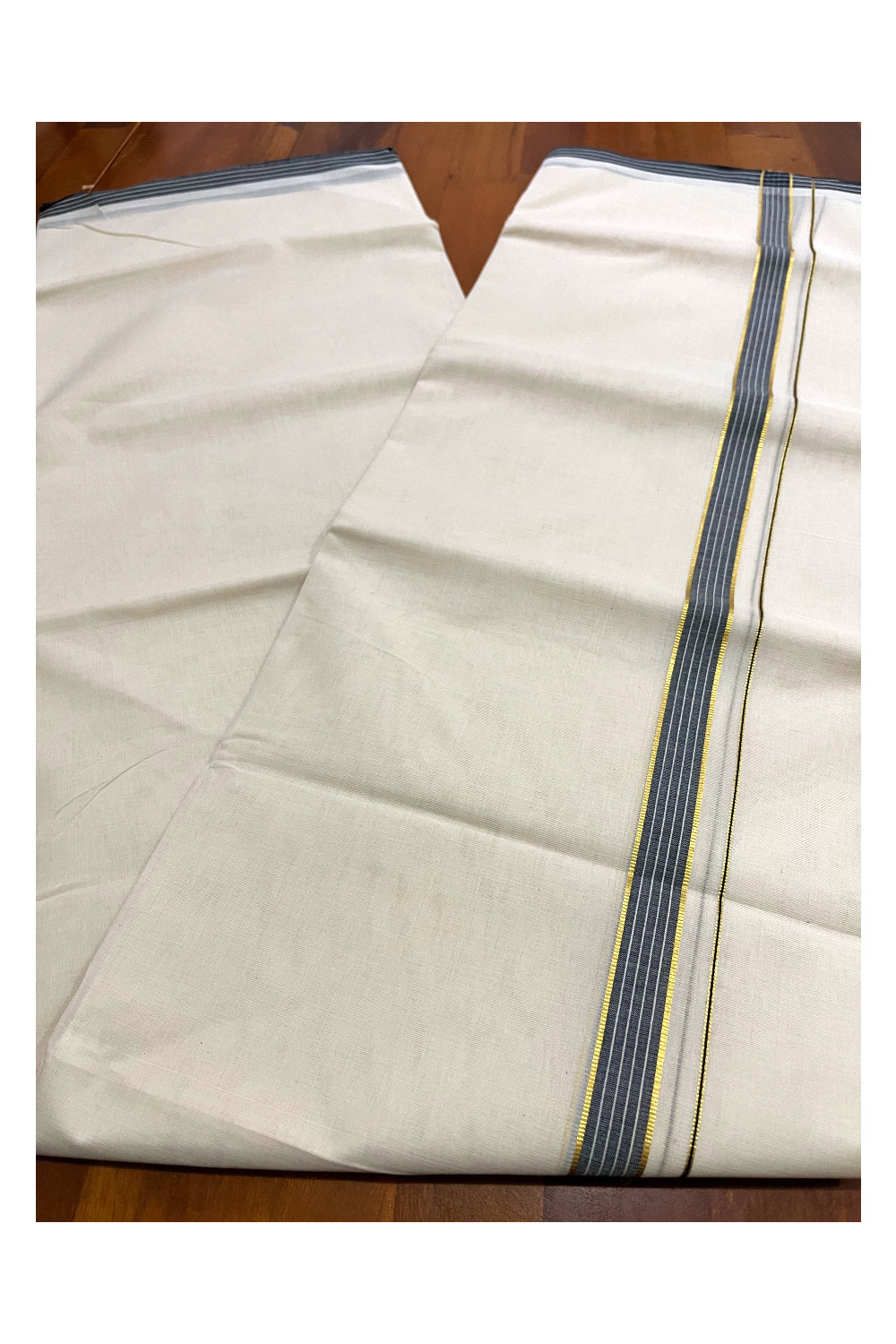 Pure Cotton 100x100 Double Mundu with Kasavu and Black Line Border (South Indian Kerala Dhoti)