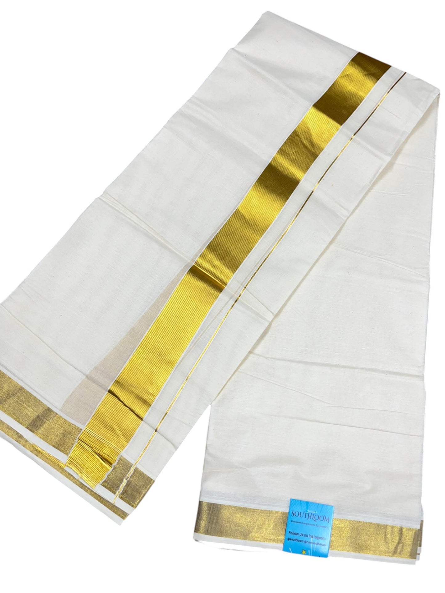 Southloom Kerala Pure Cotton Double Mundu In 2 Inch with Gold Kasavu and Border (South Indian Dhoti)
