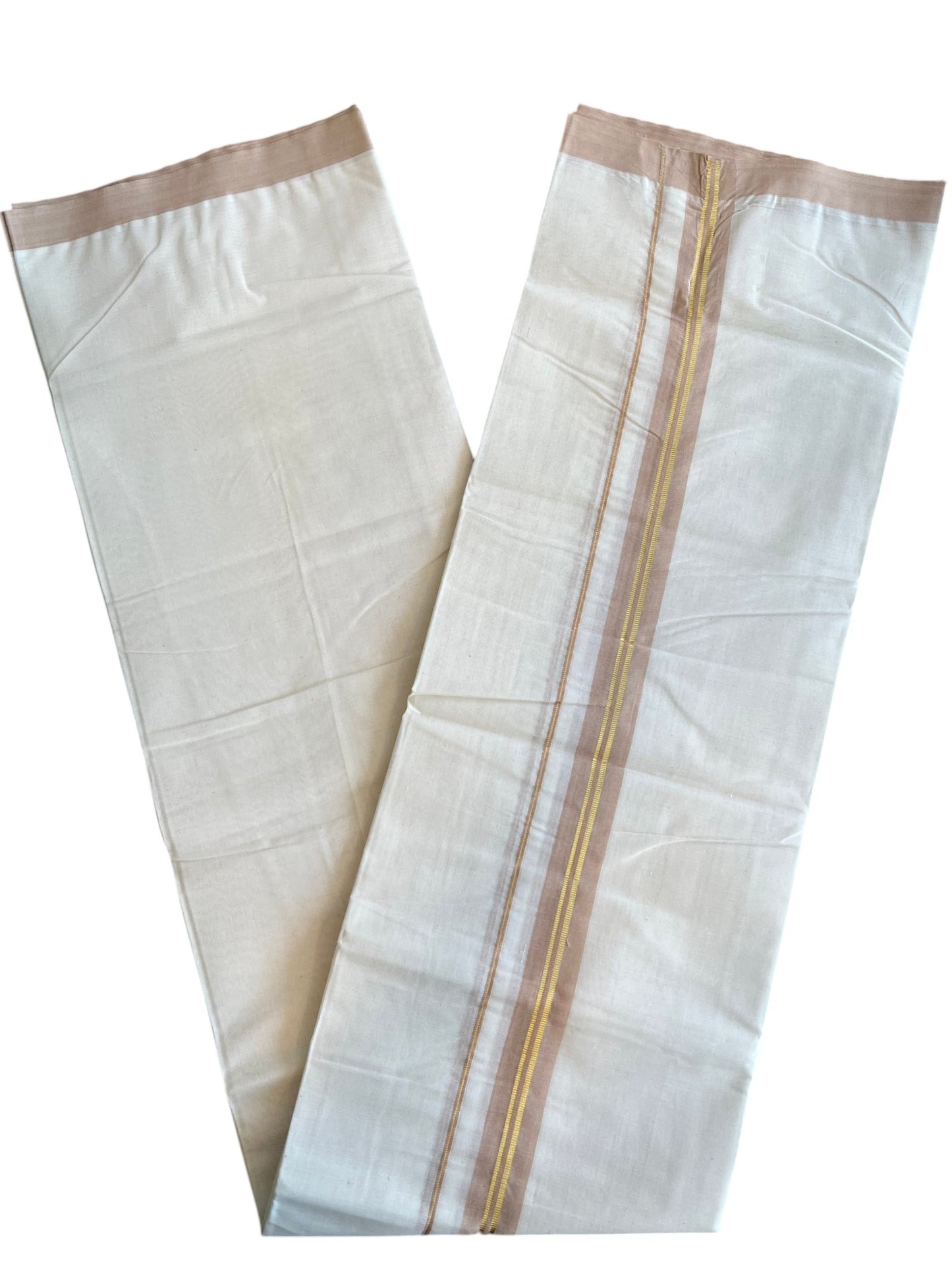Southloom Pure Cotton Mundu with Golden Lines and Beige Border (South Indian Kerala Dhoti)