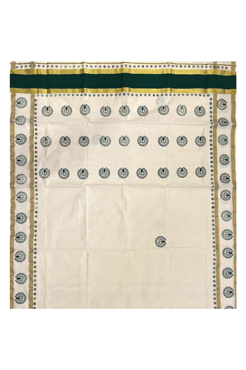 Pure Cotton Kerala Saree with Green Peacock Block Printed Kasavu Border