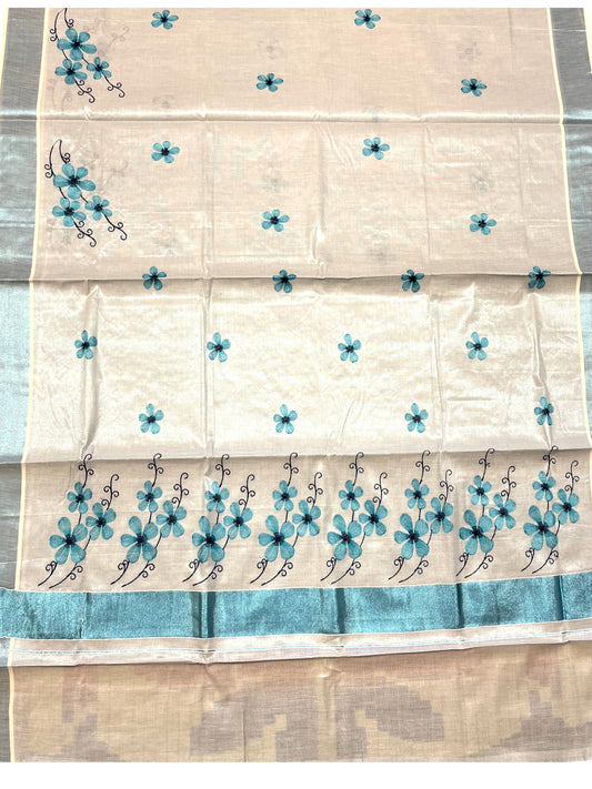 Southloom Kerala Tissue Kasavu Saree with Blue Floral Embroidery on Body and Border