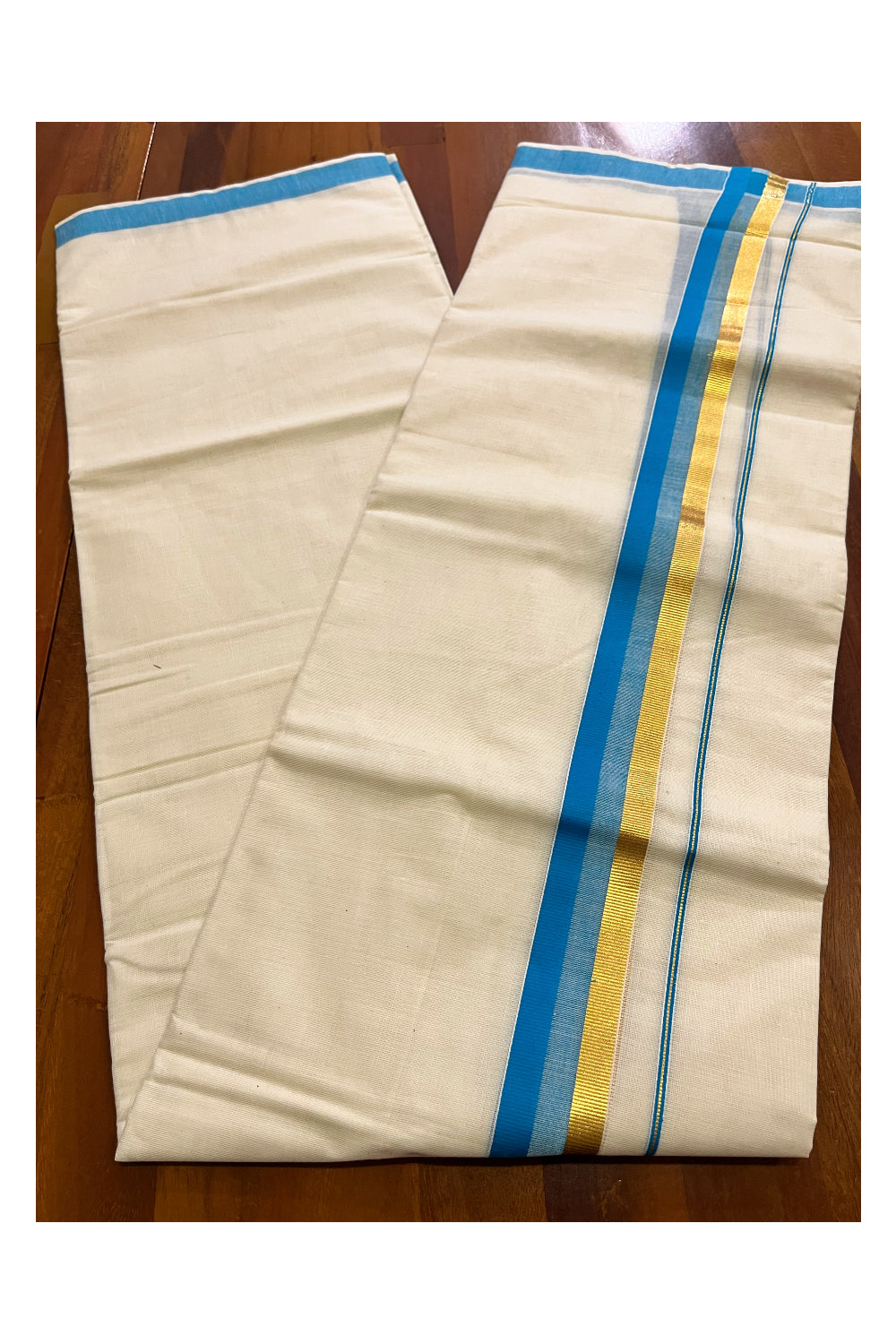 Off White Kerala Cotton Double Mundu with Kasavu and Light Blue Border (South Indian Kerala Dhoti)