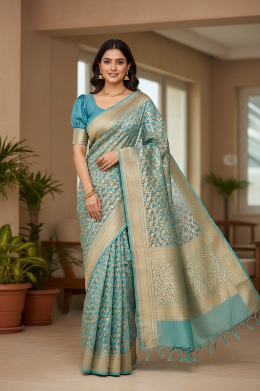 Southloom Cotton Banarasi Silk Saree with Woven Work on Body and Borders(Blue)