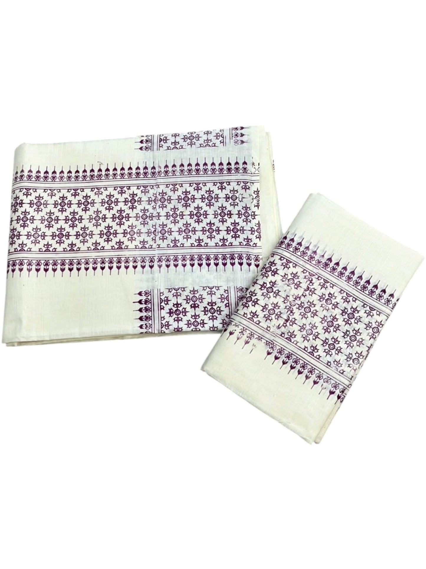 Southloom Kerala Cotton Set Mundu (Mundum Neriyathum) with Purple Floral Prints on Border-2.80Mtrs SL625