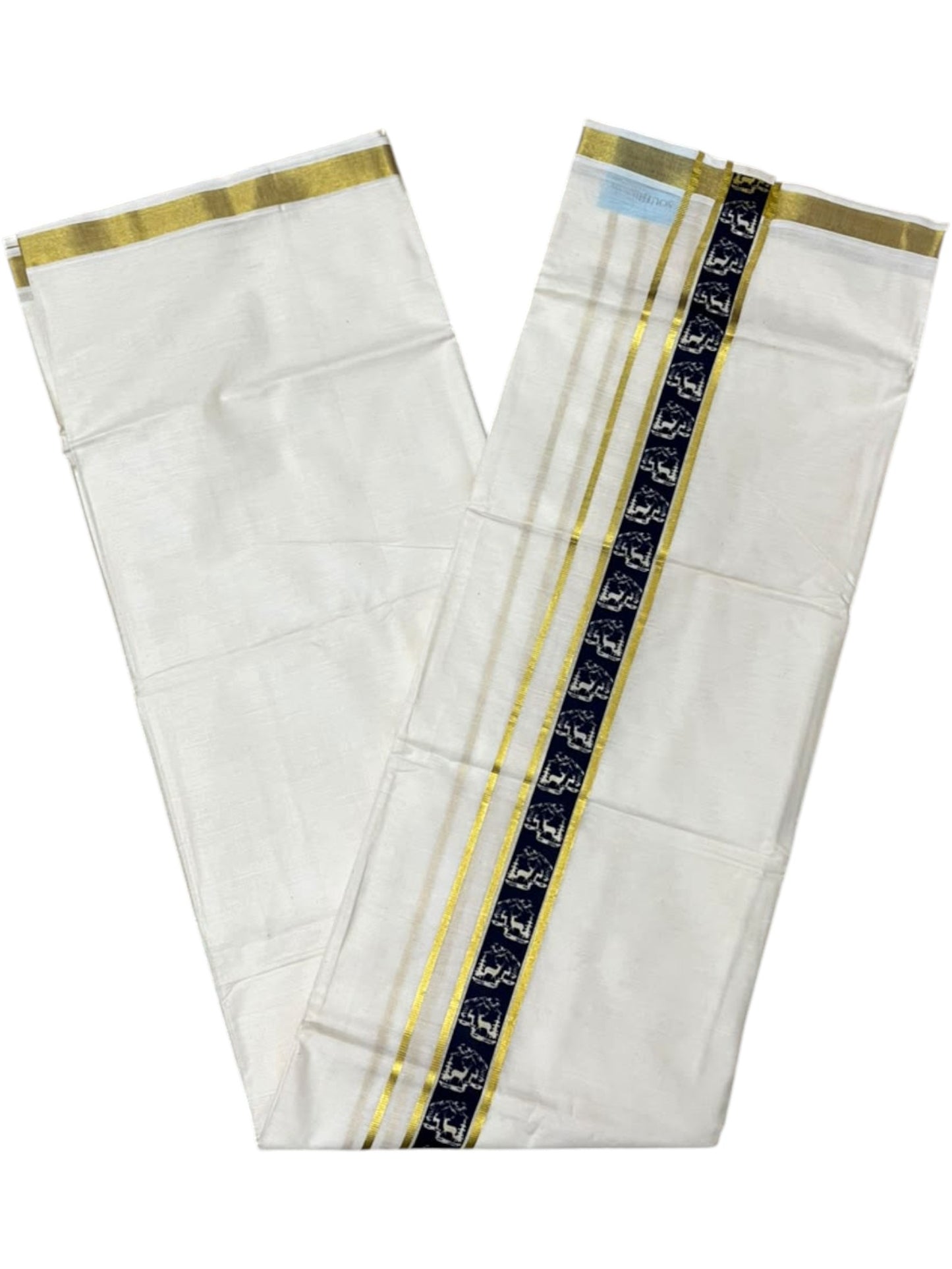 Southloom Pure Cotton Double Mundu with Blue Block Printed And Ksavu Border (South Indian Kerala Dhoti)