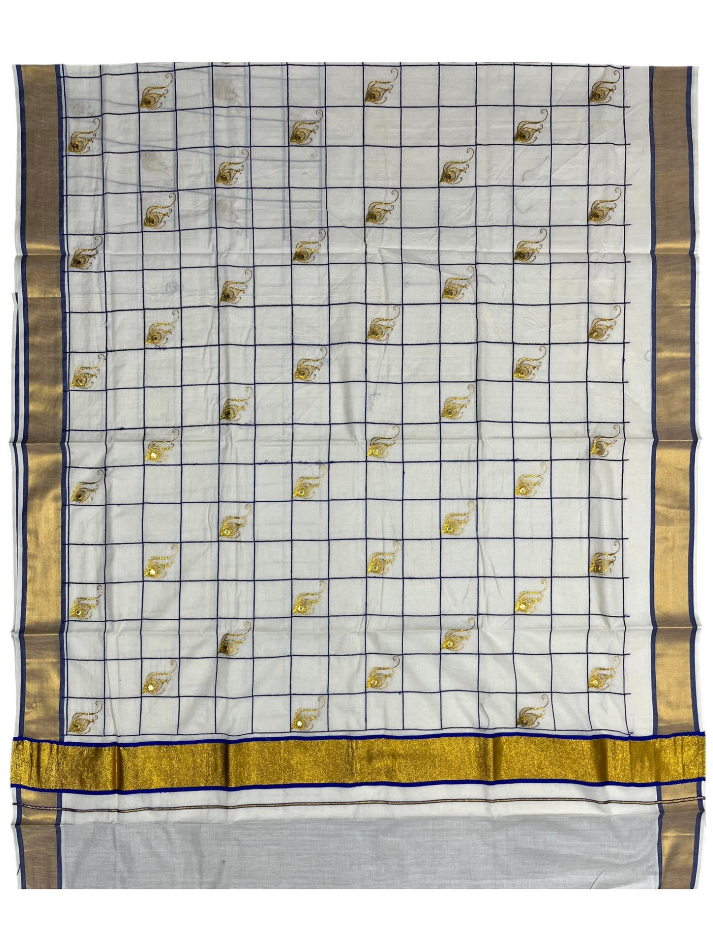 Southloom Cotton Kerala Kasavu Check Saree with Peacock Feather Embroidery Design in Blue