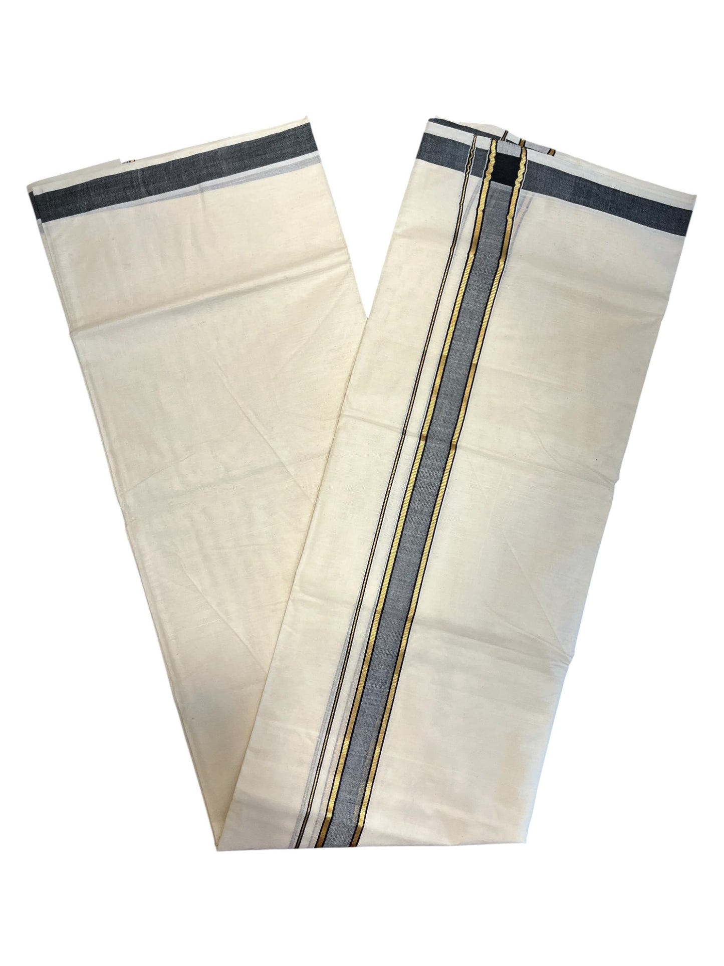 Southloom Pure Cotton  Double Mundu With Gold Kasavu &Gray Border (South Indian Kerala Dhoti)