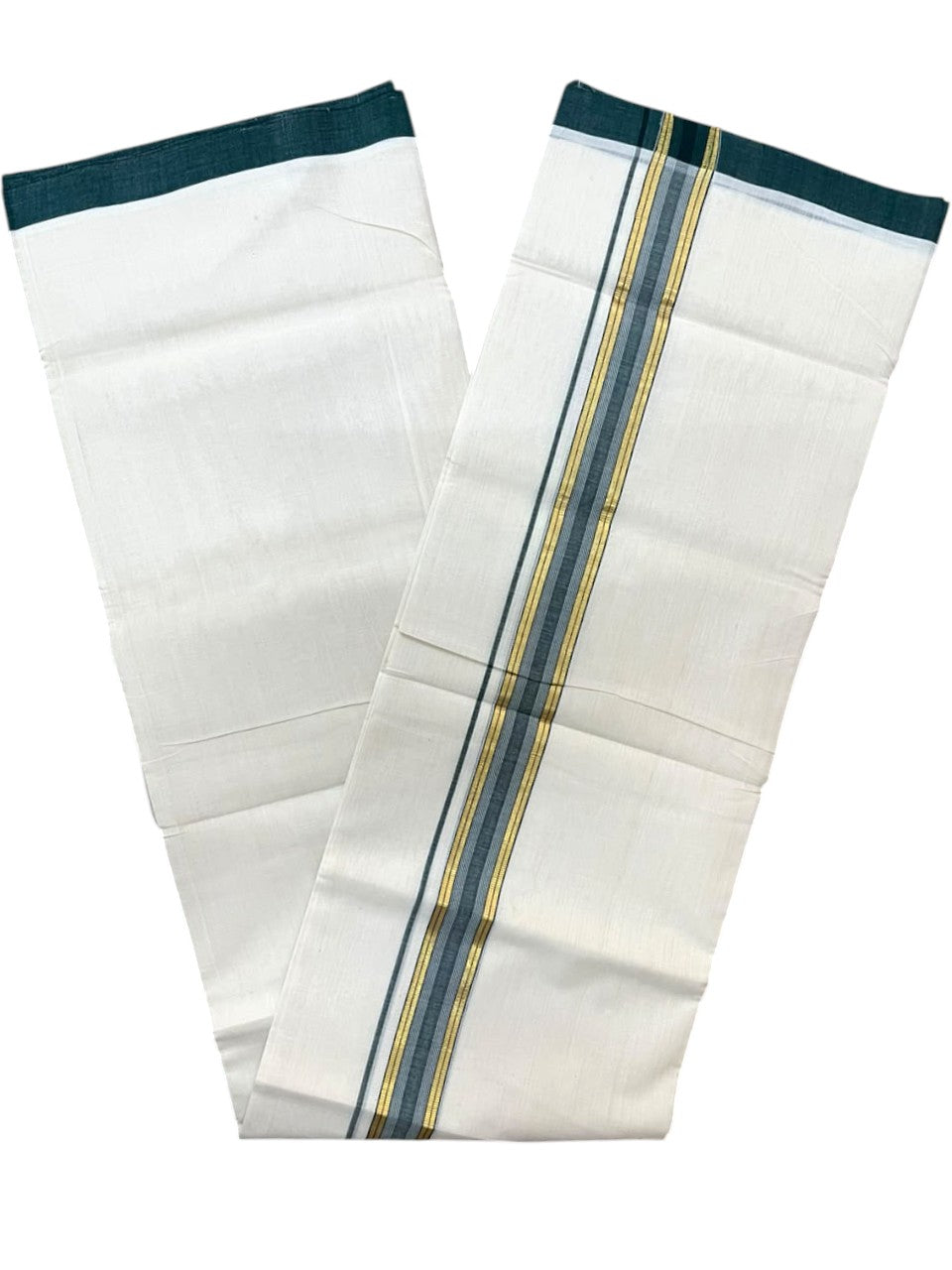 Southloom Balaramapuram Unakkupaavu Premium Handloom Cotton Double Mundu with Gold Kasavu and Green Border