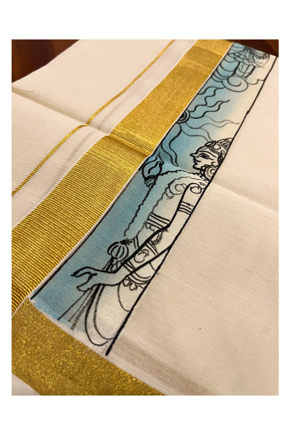 Pure Cotton Kasavu Mundu with Mural Hand Painted Border (Onam Mundu 2023)