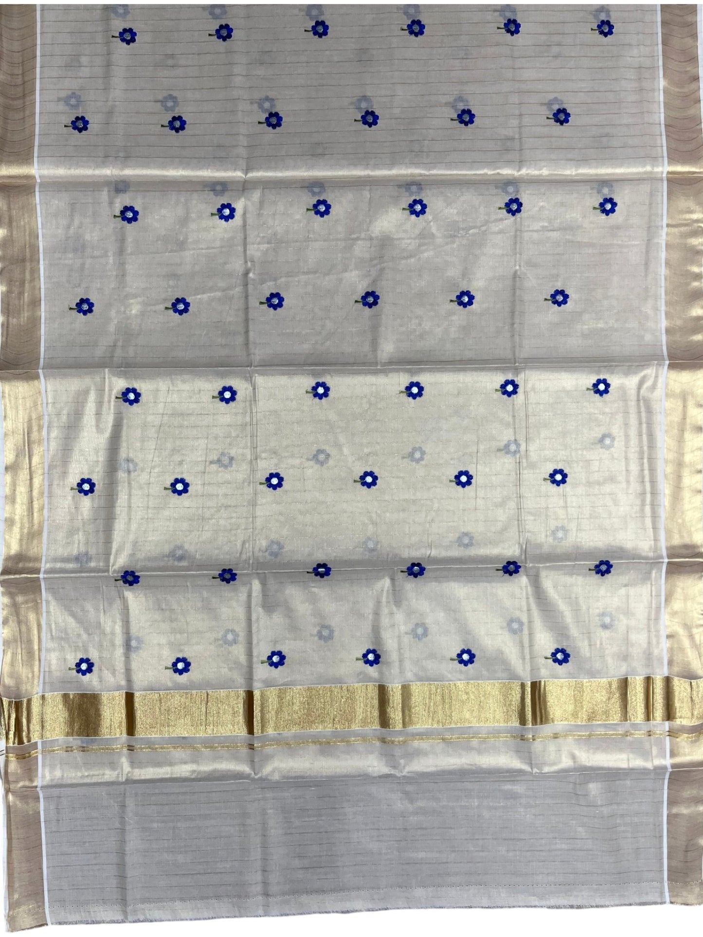 Southloom Kerala Tissue Kasavu Lines Saree with Blue Floral Embroidery Work on Body