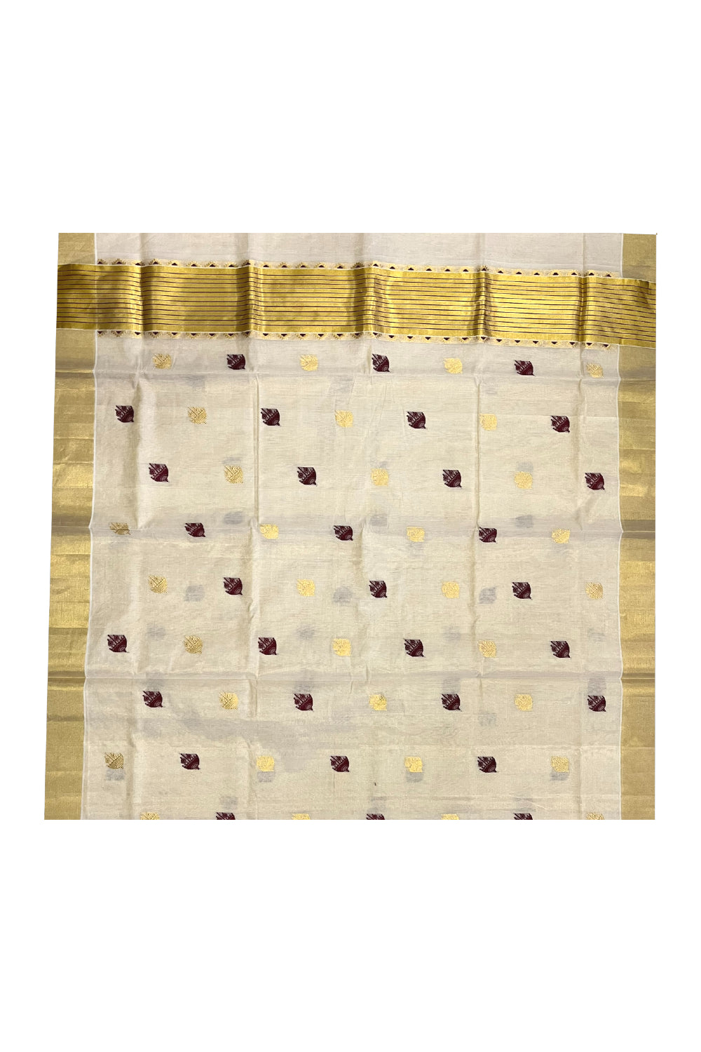 Southloom™ Premium Handloom Tissue Onam 2023 Kerala Saree with Golden and Maroon Woven works on Body