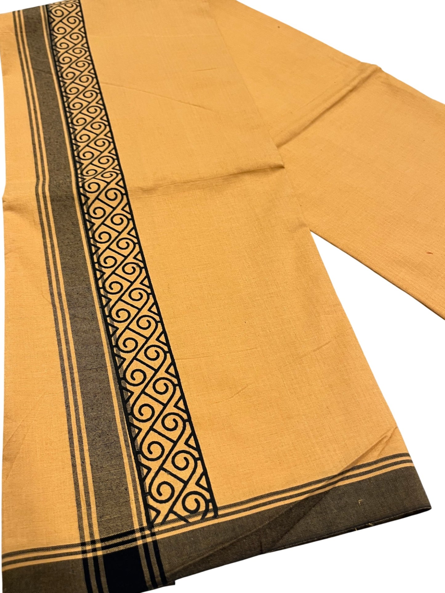 Southloom Saffron (Kaavi) Black Printed Single Mundu / Lungi (South Indian Kerala Dhoti)
