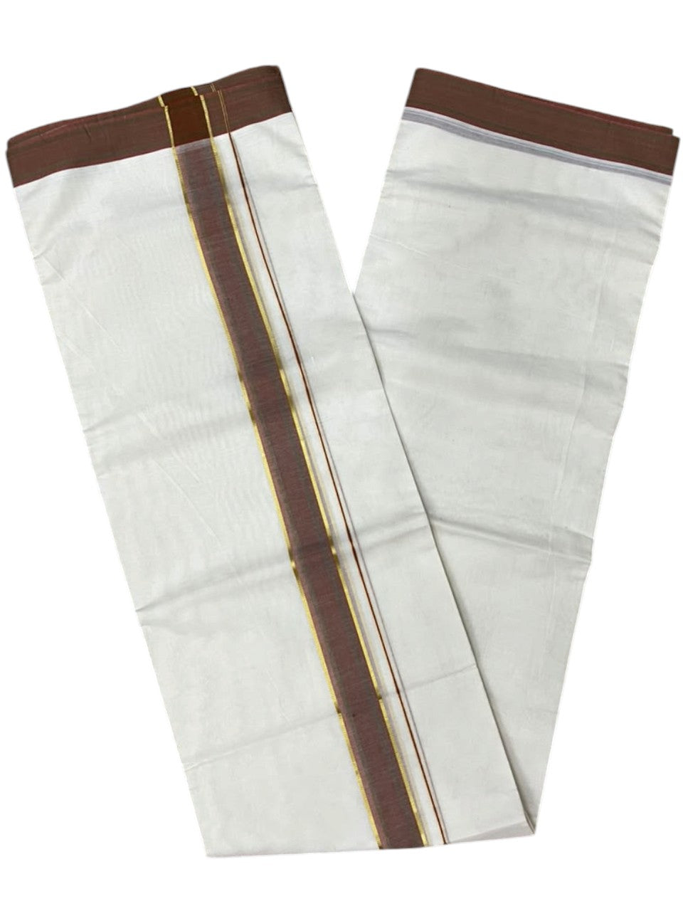 Southloom Pure Cotton Mundu with Siver Lines and Brown Border (South Indian Kerala Dhoti)