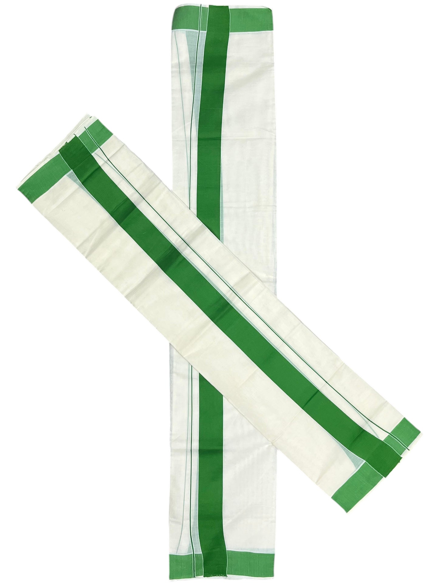 Southloom Kerala Cotton Set Mundu (Mundum Neriyathum) with Kasavu and Green Border