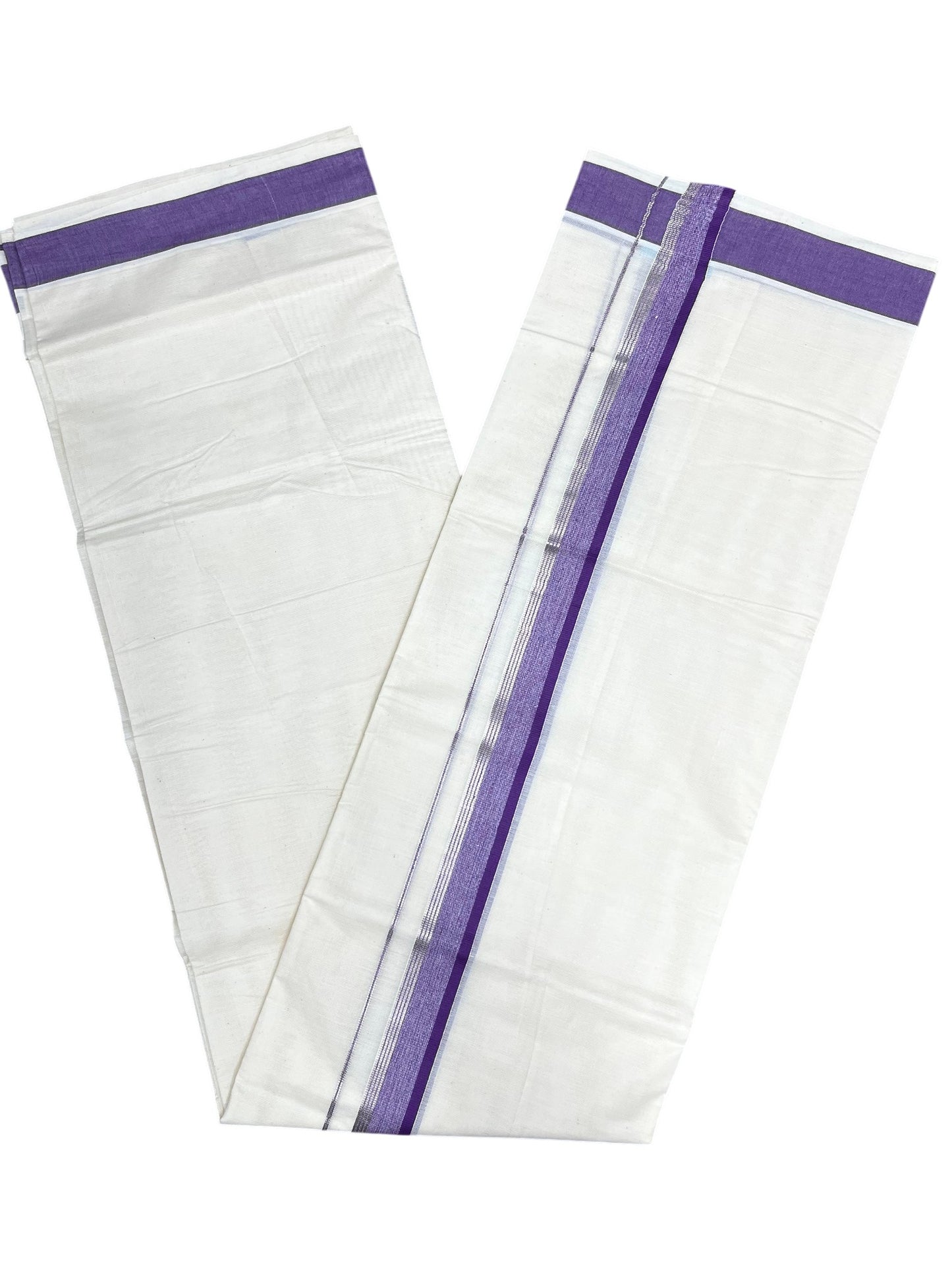 Southloom Pure Cotton Mundu with Silver Lines and Voilet Border (South Indian Kerala Dhoti)