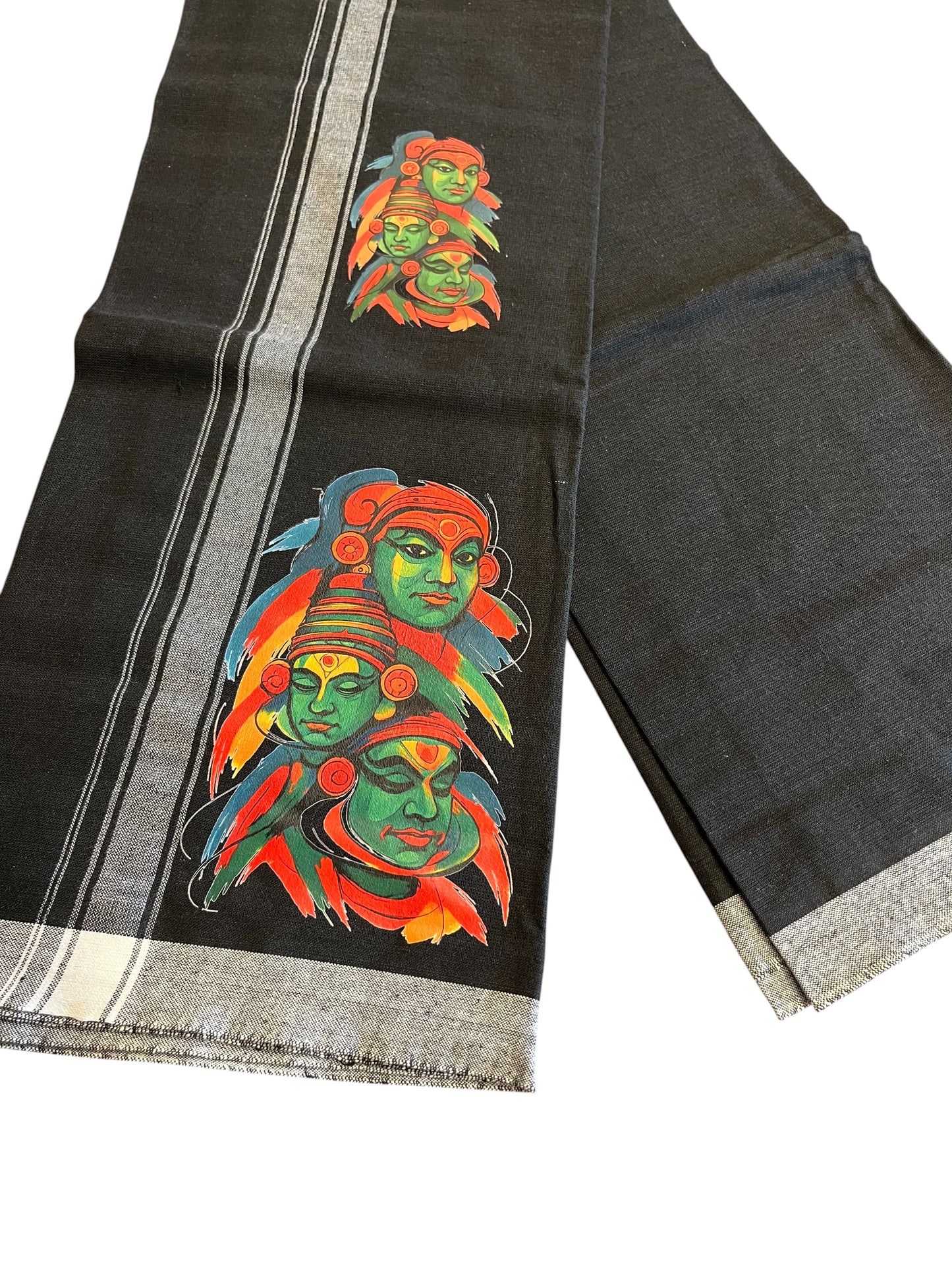 Southloom Black Printed Kathakali & Theyyam Single Mundu / Otta Mundu  (South Indian Kerala Dhoti)