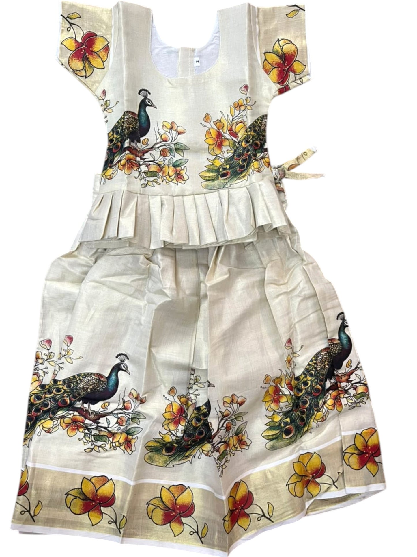 Southloom Kerala Tissue Kasavu Digital Peacock Printed Pavada & Blouse with for Kids