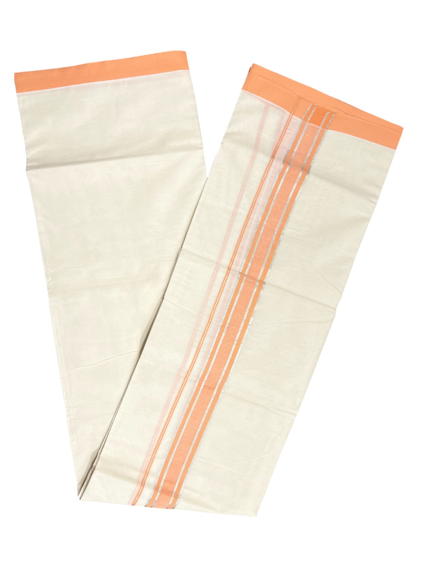 Southloom Kerala Pure Cotton Double Mundu with Silver Lines & Peach Border (South Indian Dhoti)