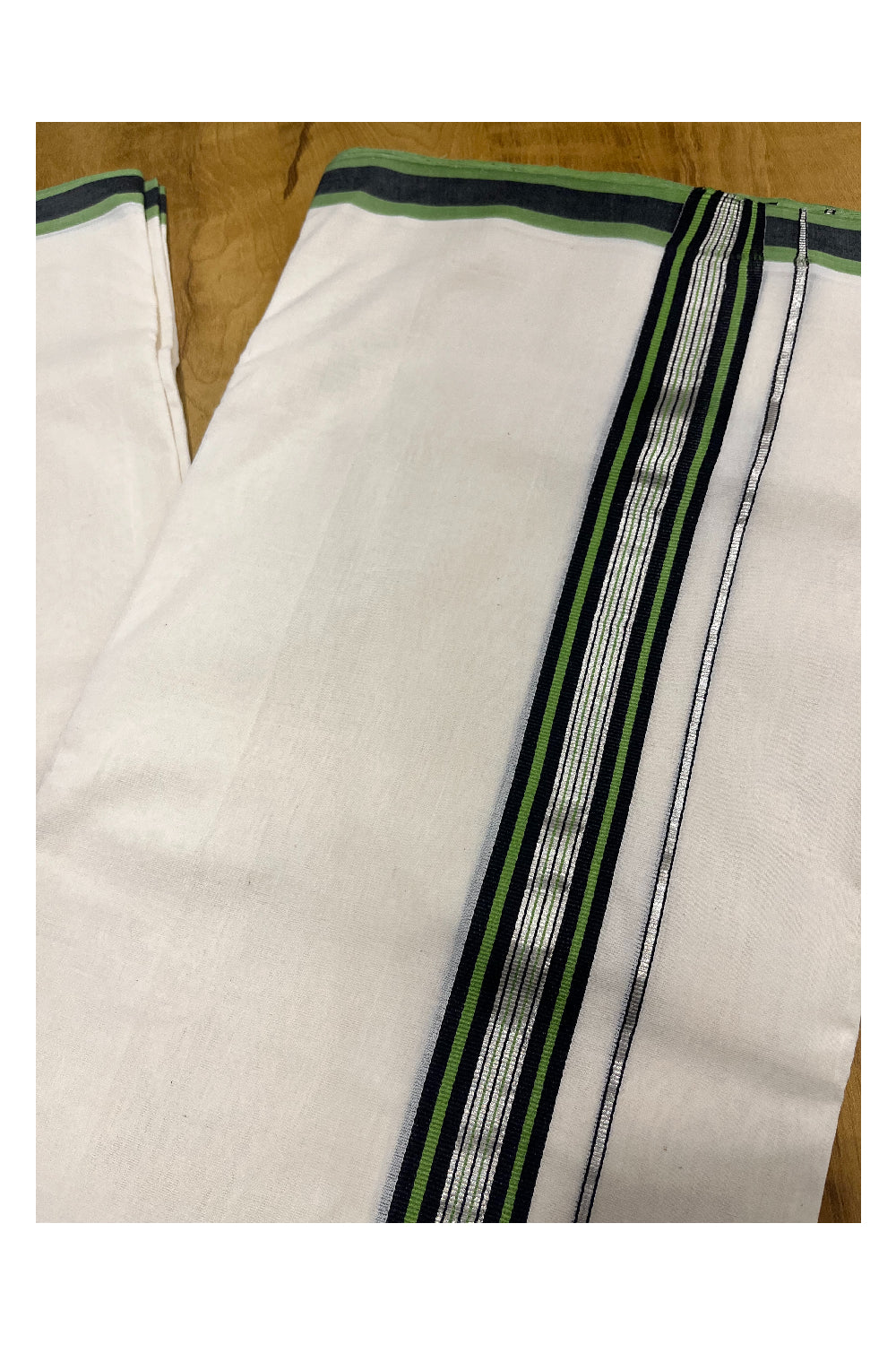 Premium Balaramapuram Handloom Unakkupaavu 1 inch Double Mundu with Kasavu and Green and Black Kara