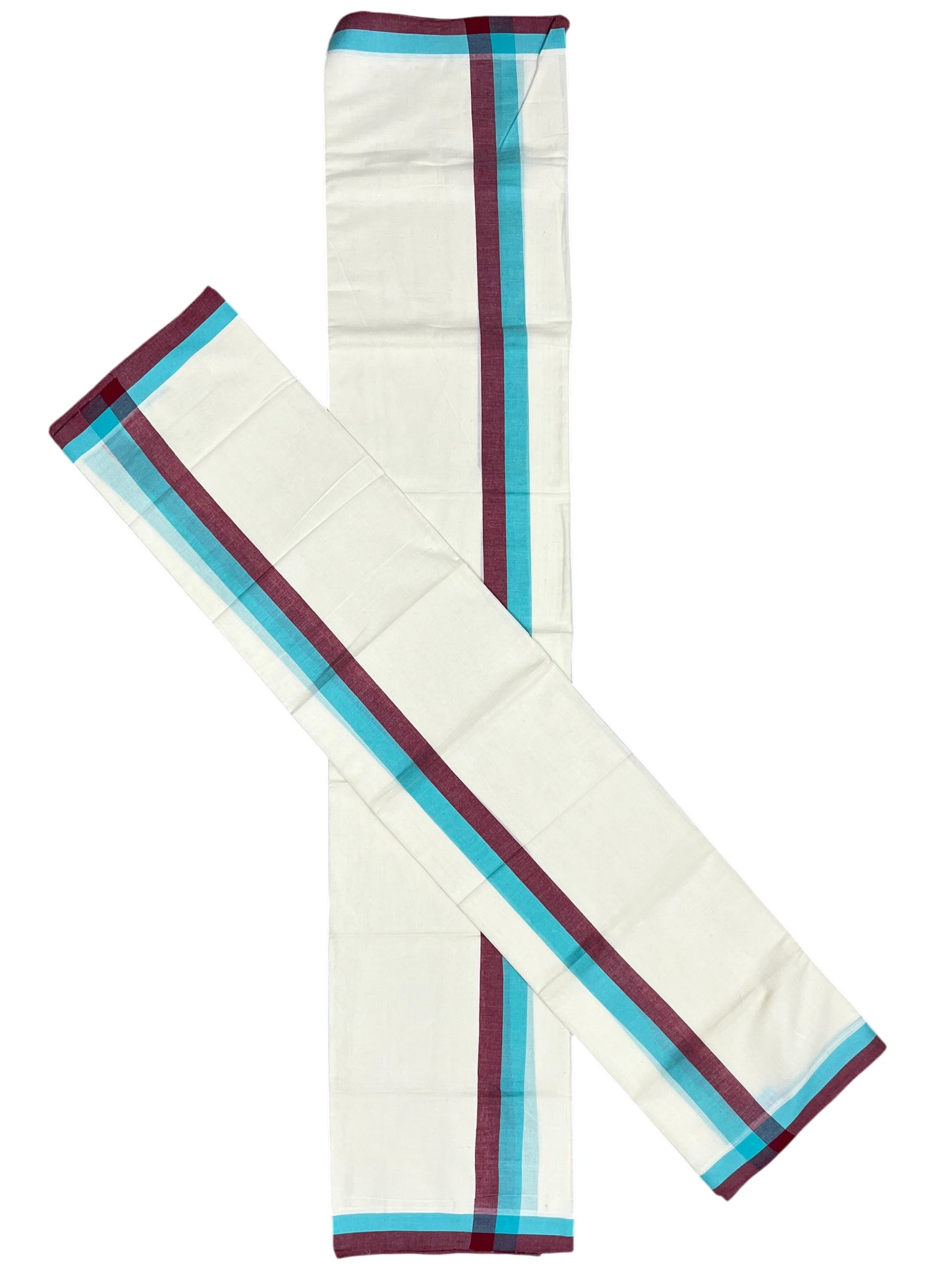 Southloom Pure Cotton Kerala Single Mulloth Set Mundu (Mundum Neriyathum) Maroon And Turquoise Border in 2.80 mtrs