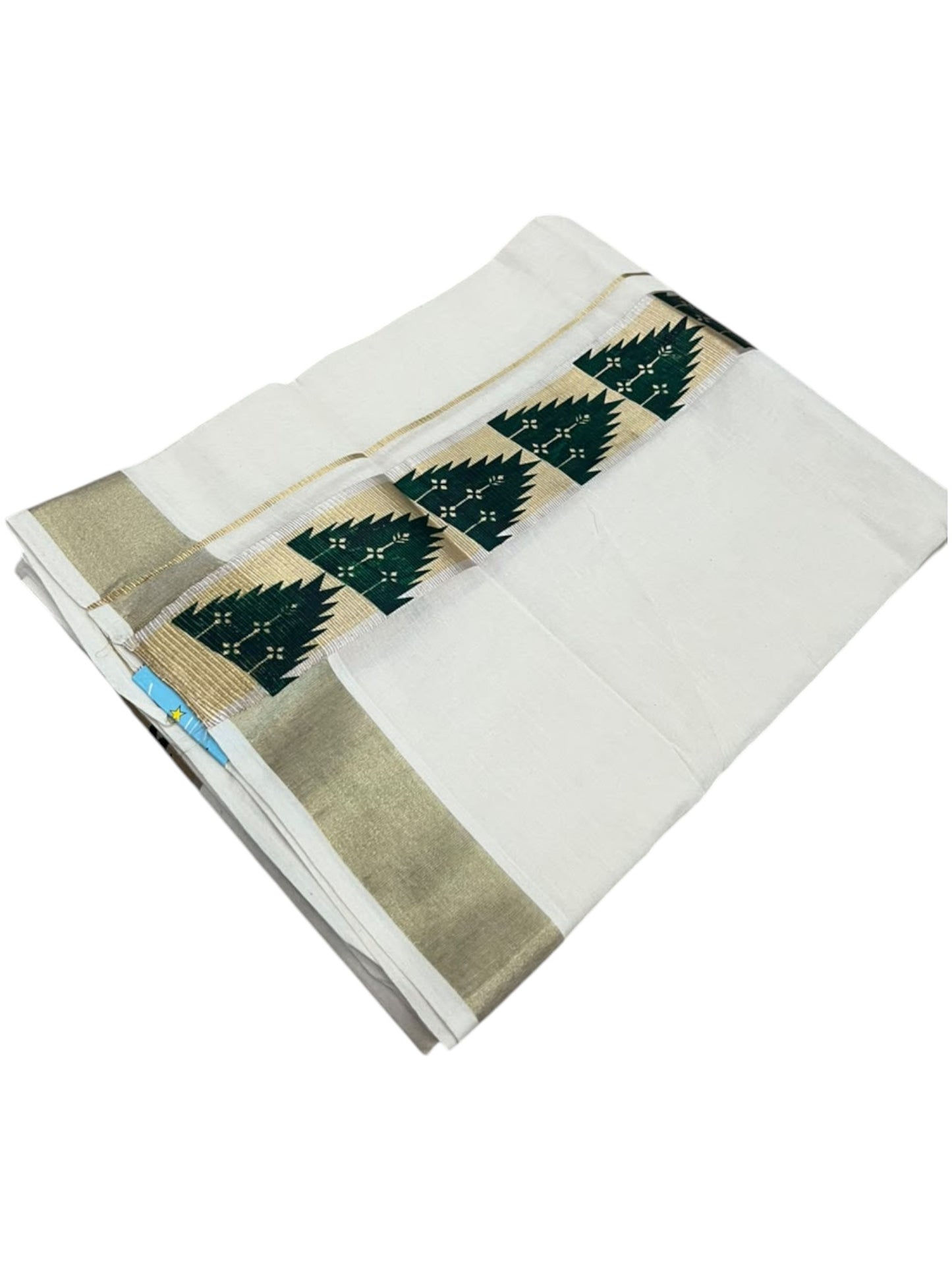 southloom Pure Cotton Double Mundu with Block Prints on Green Border (South Indian Dhoti)SL613