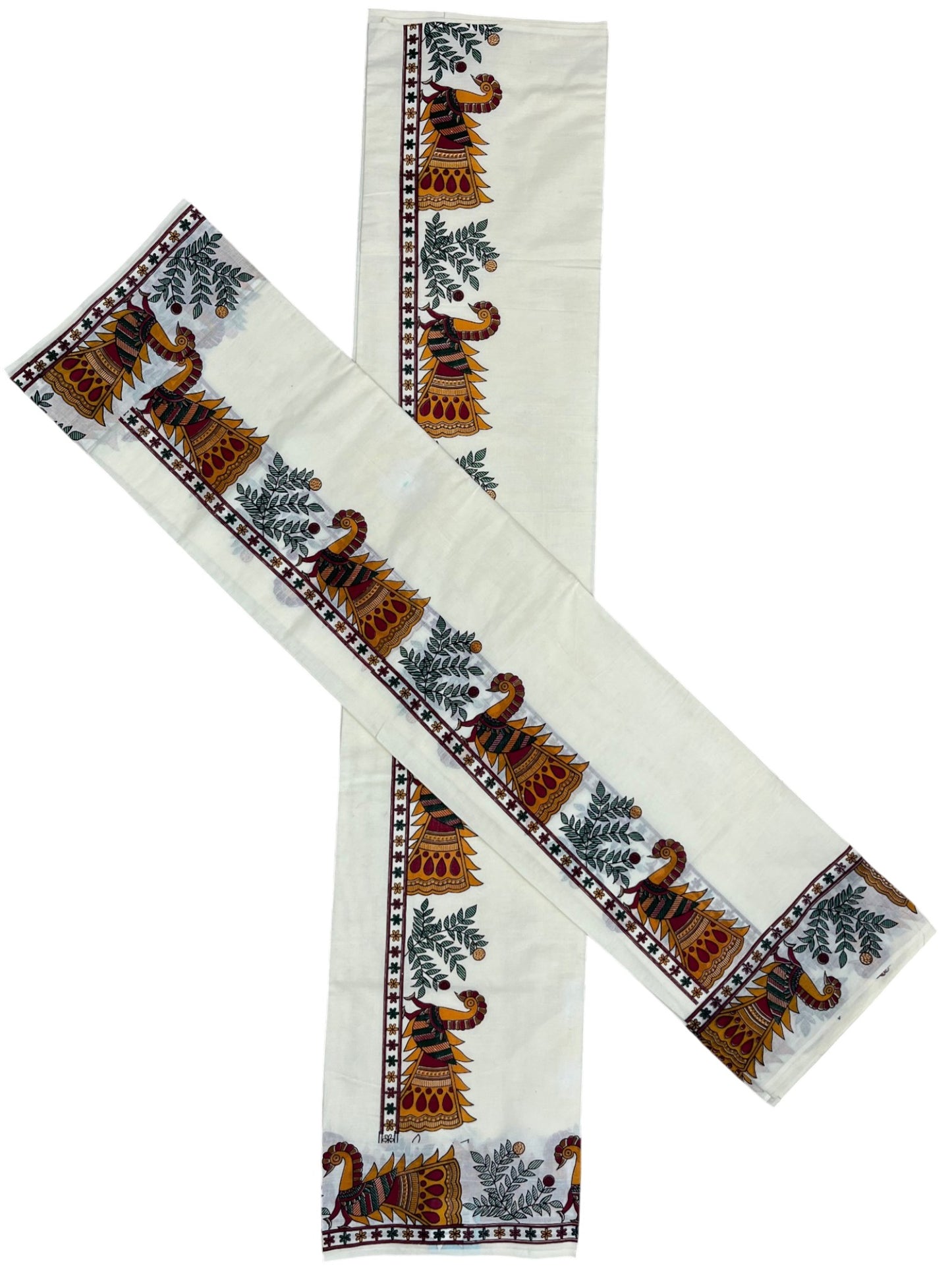 Southloom Cotton Single Set Mundu (Mundu Neriyathum) With Peacock Print On Kasavu in 2.80 Mtrs