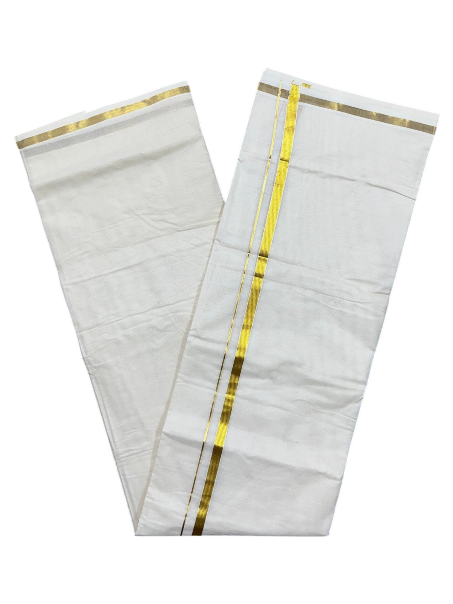 Southloom Kerala Pure Cotton Double Mundu with Gold Kasavu Border (South Indian Dhoti)