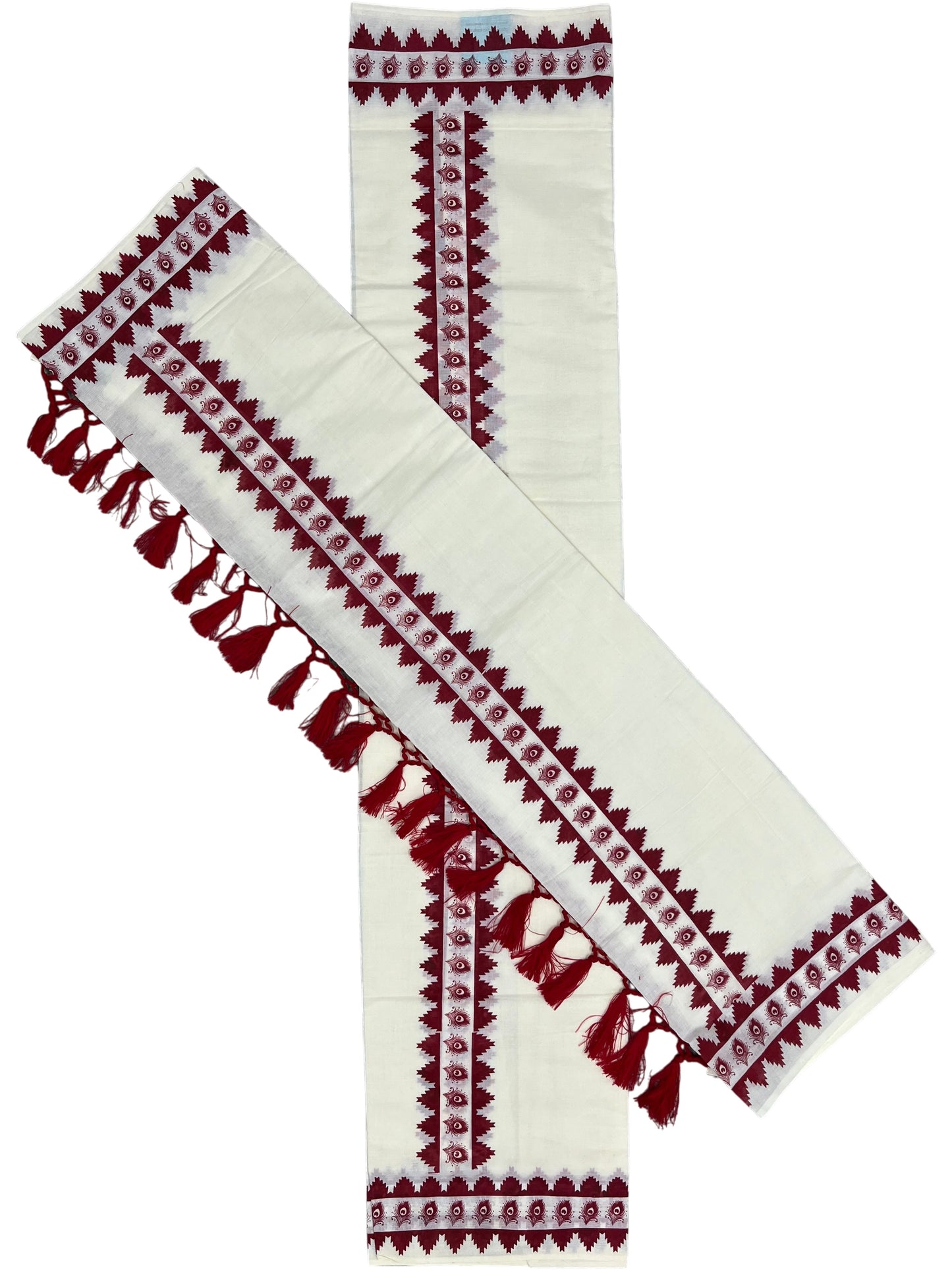 Southloom Cotton Single Set Mundu (Mundu Neriyathum) Red Printed Border With Tussles in 2.80 Mtrs