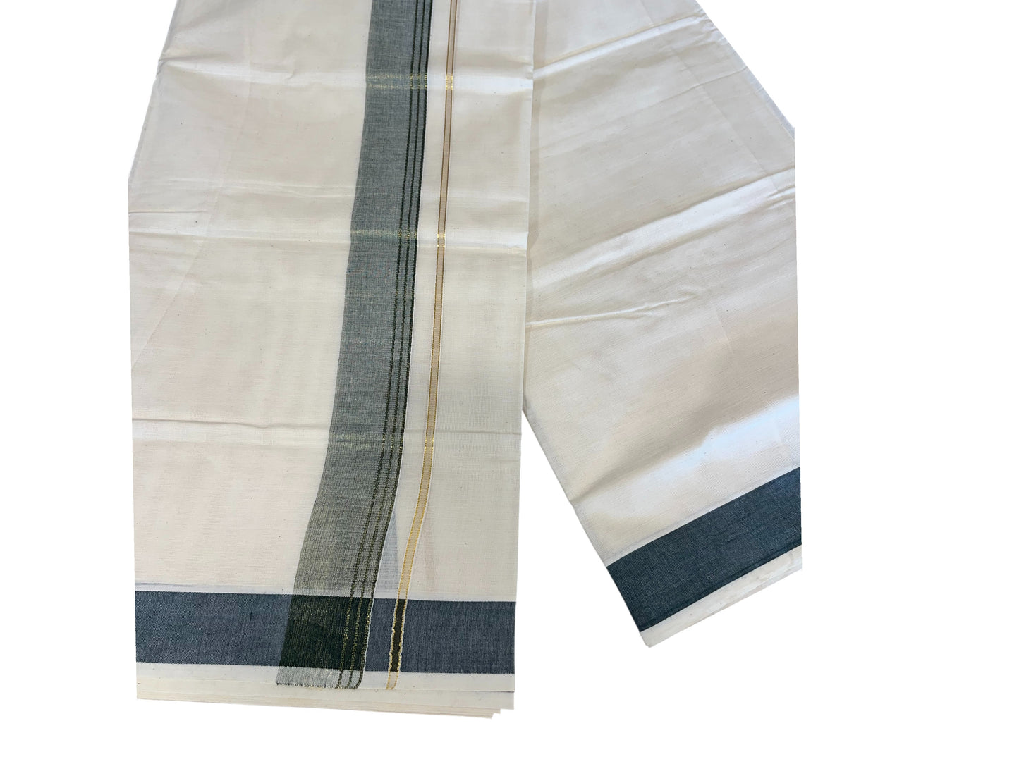 Southloom Pure Cotton Mundu with Green Lines and Green Border (South Indian Kerala Dhoti)