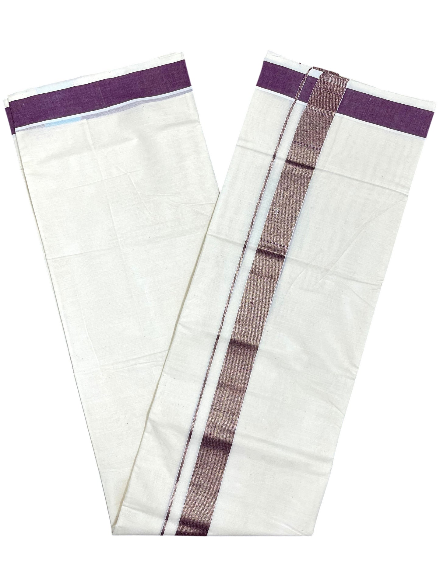 Southloom Kerala Pure Cotton Double Mundu with Purple Border (South Indian Dhoti)