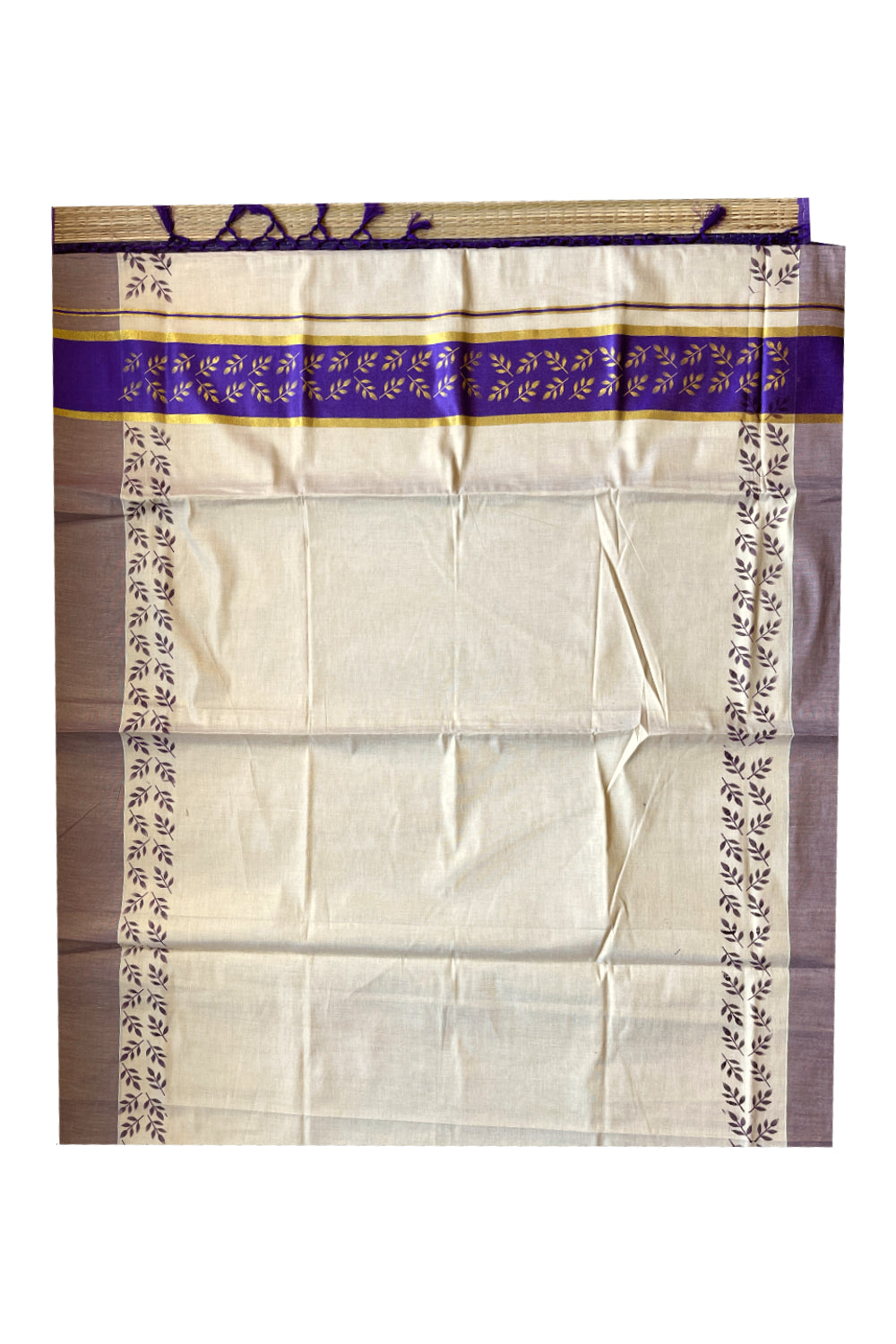 Kerala Tissue Kasavu Saree with Golden and Violet Block Prints on Border and Tassels Works